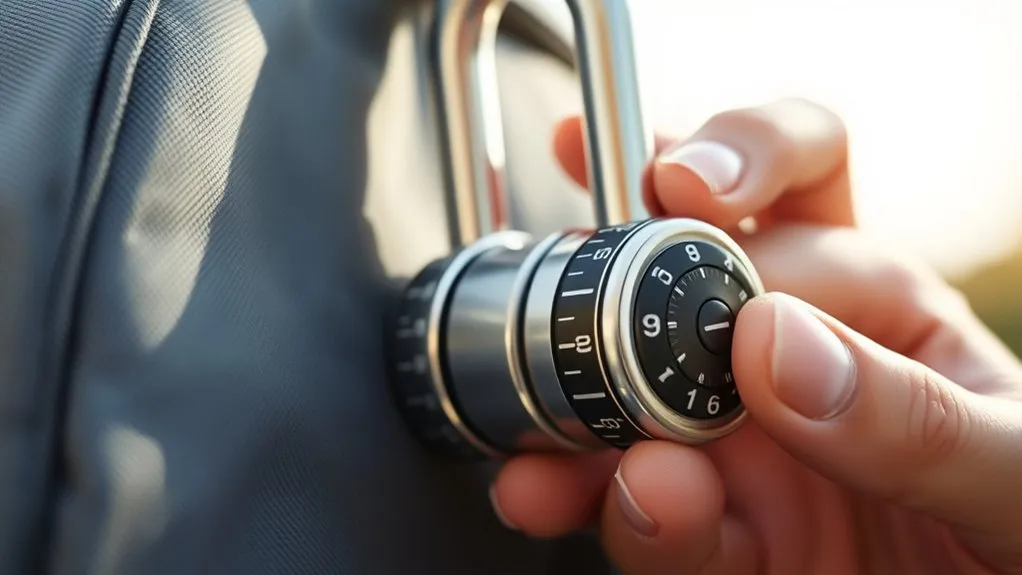Hands setting a three-digit combination on a backpack luggage lock
