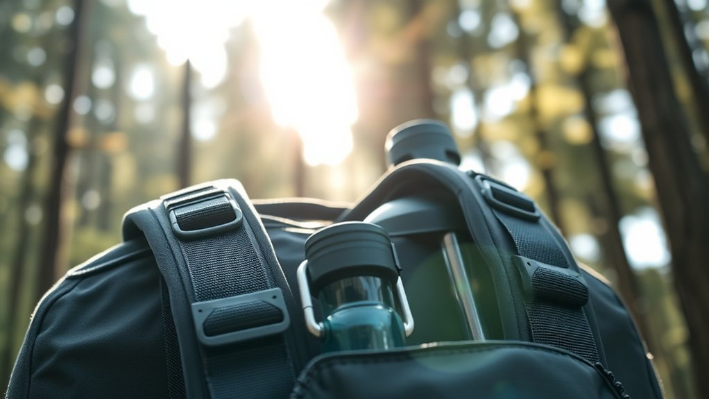 Close up of shoulder strap loops holding hiking accessories