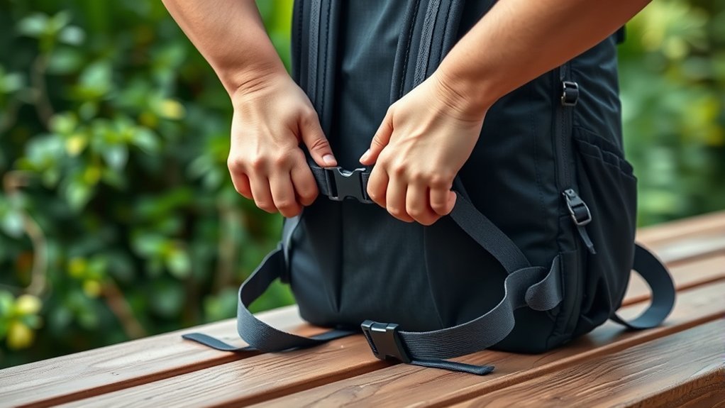 Side compression straps tightened to stabilize a hiking backpack load