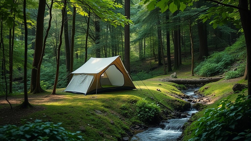 Tent, tarp, and waterproof camping gear arranged for rainy weather