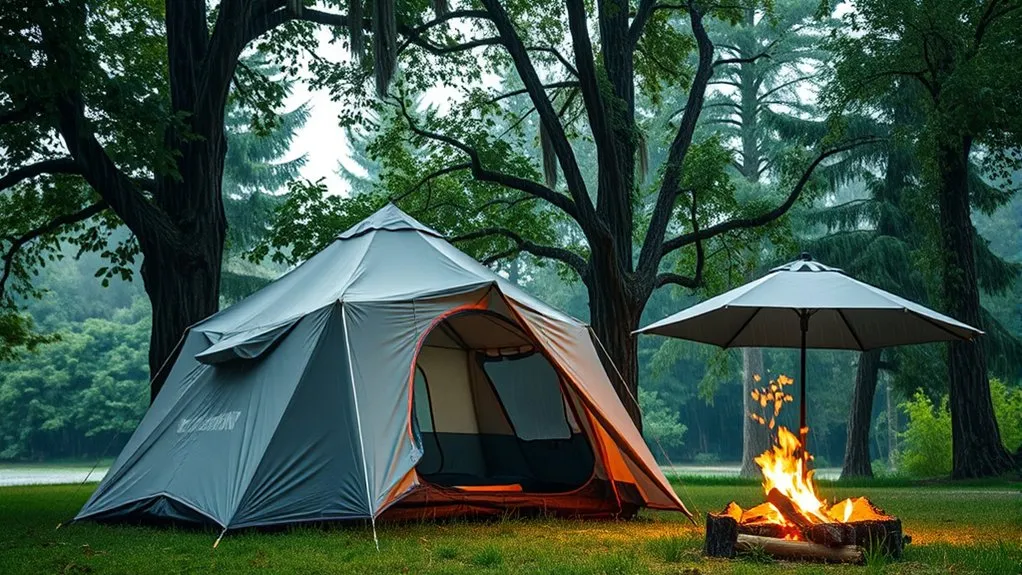 rain-ready campsite with tent pitched on well-drained ground