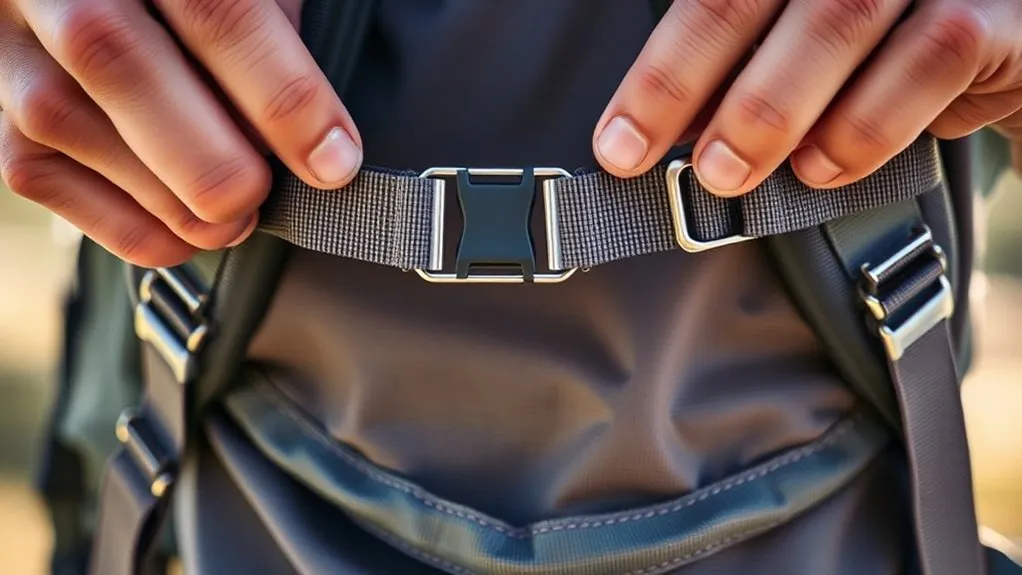 Sternum strap on a hiking backpack connecting shoulder straps across the chest