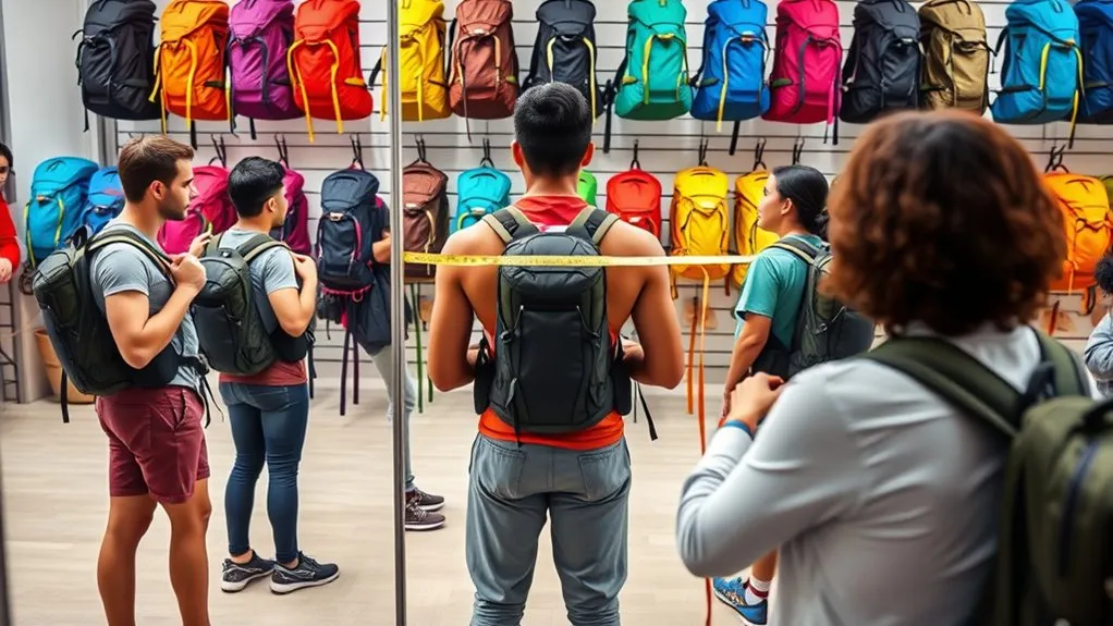Woman adjusting backpack shoulder straps to fit her torso length