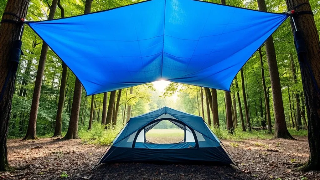 How to Use a Tarp With a Tent for Rain and Shade tarp corners secured with stakes guylines and adjustable knots