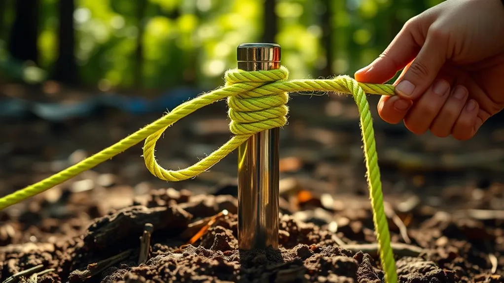 Taut-line hitch forming an adjustable loop on a tent guyline