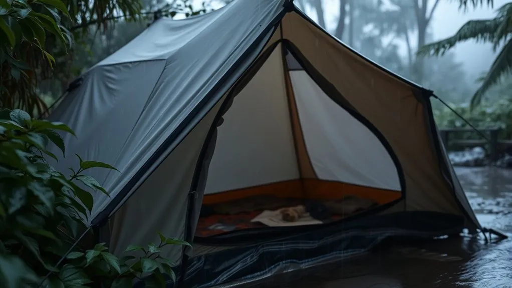 condensation forming on tent fabric during damp camping conditions