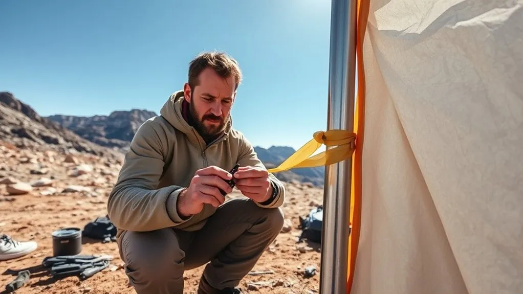 Tent pole repair sleeve, heavy-duty tape, shock cord, and maintenance tools