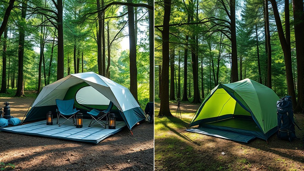 Comparison of a compact backpacking tent and a larger car camping tent with more headroom