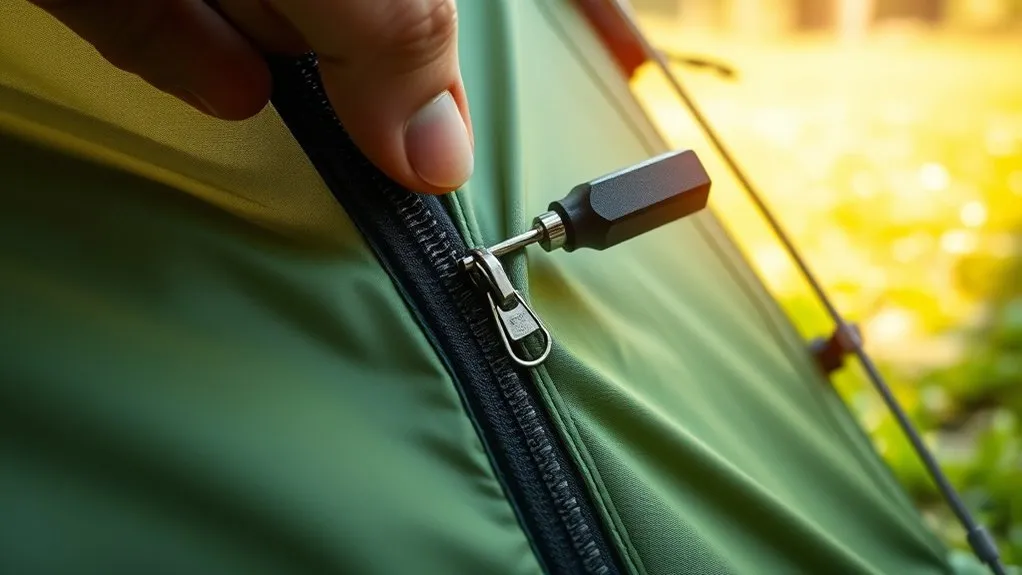 Camper inspecting and cleaning a tent door zipper