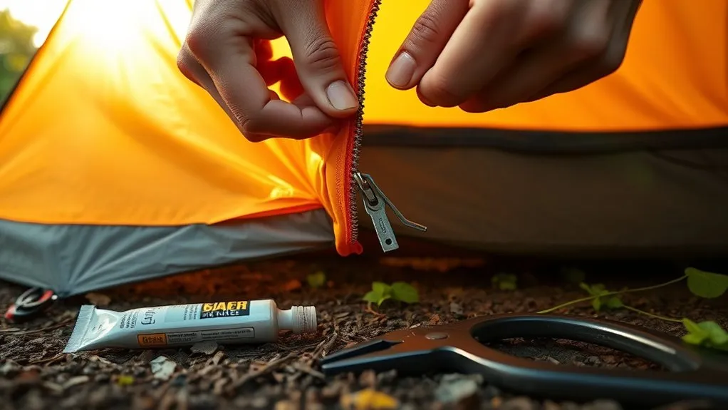 Tent zipper with dirt and debris caught in the teeth