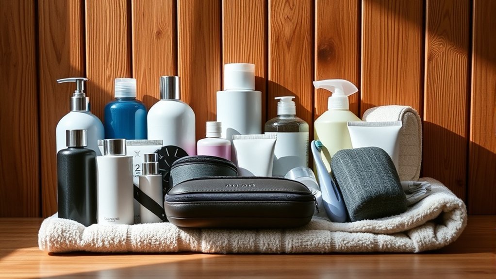 Travel toiletries arranged into liquid and solid packing groups