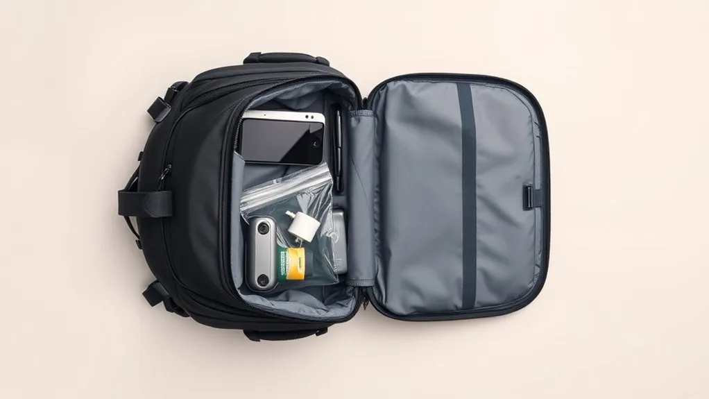 Carry on Backpack International Flight Rules – Quick Guide & Helpful International traveler preparing liquids and electronics for airport security screening