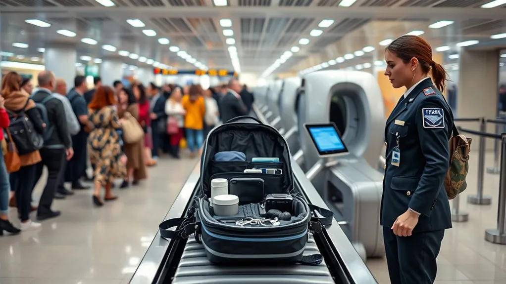 TSA security officer screening a carry-on backpack at an airport checkpoint X-ray scanner