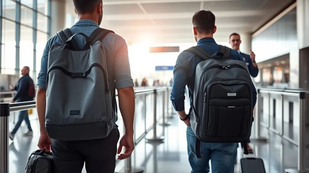 Traveler navigating a busy airport terminal comfortably carrying a travel backpack