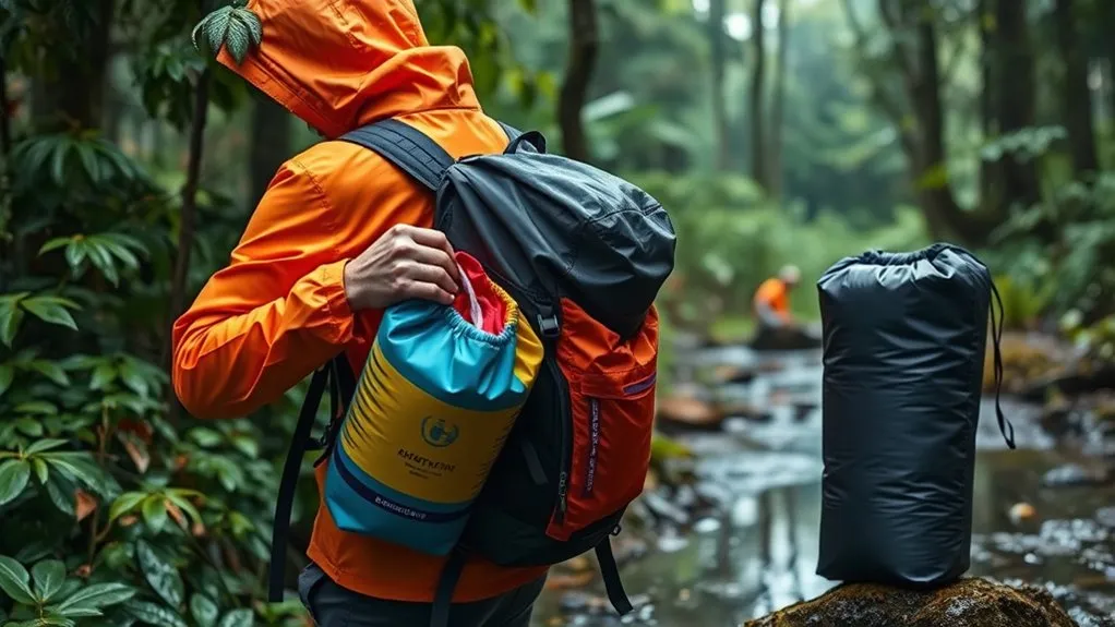 Waterproof dry bags and stuff sacks prepared for packing a hiking backpack