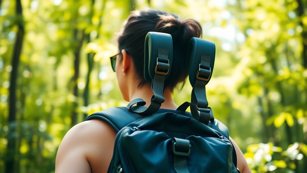 Wide padded backpack straps adjusted for even shoulder pressure