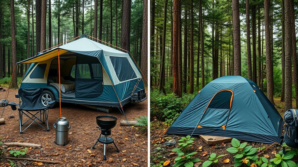 Backpacker carrying a pack and lightweight camping gear into a remote area