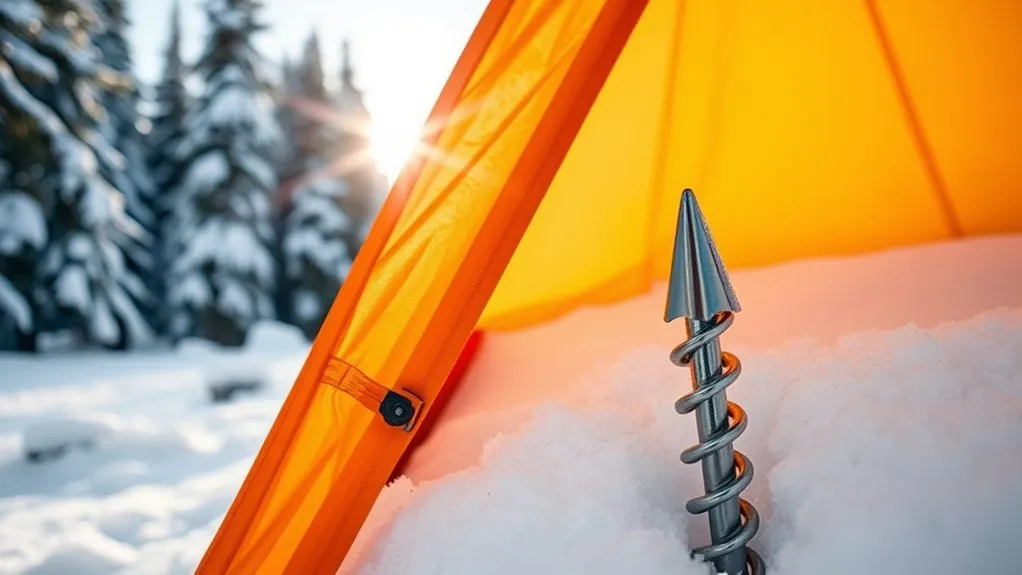 winter tent secured with snow stakes away from the entrance