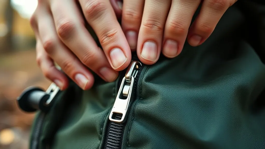 Visual inspection of backpack zipper teeth, coil, tape, and slider