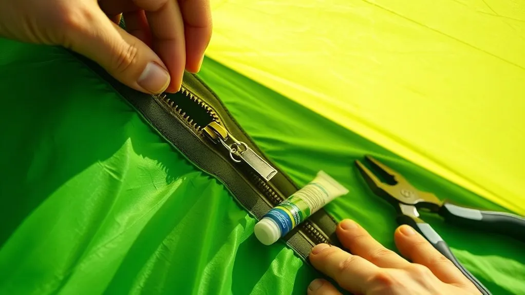 Carefully inspecting a stuck tent zipper with pliers nearby