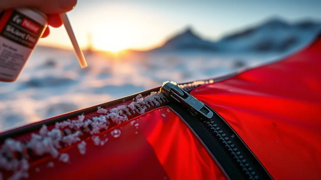 camper maintaining a tent door zipper before cold-weather use