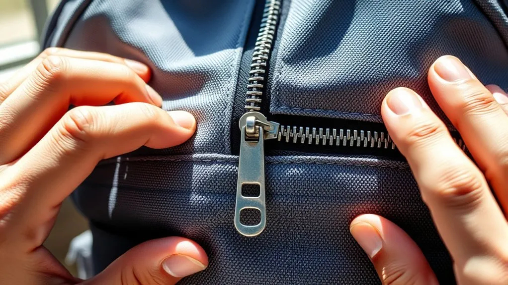 Inspecting a backpack zipper for a loose slider and misaligned teeth