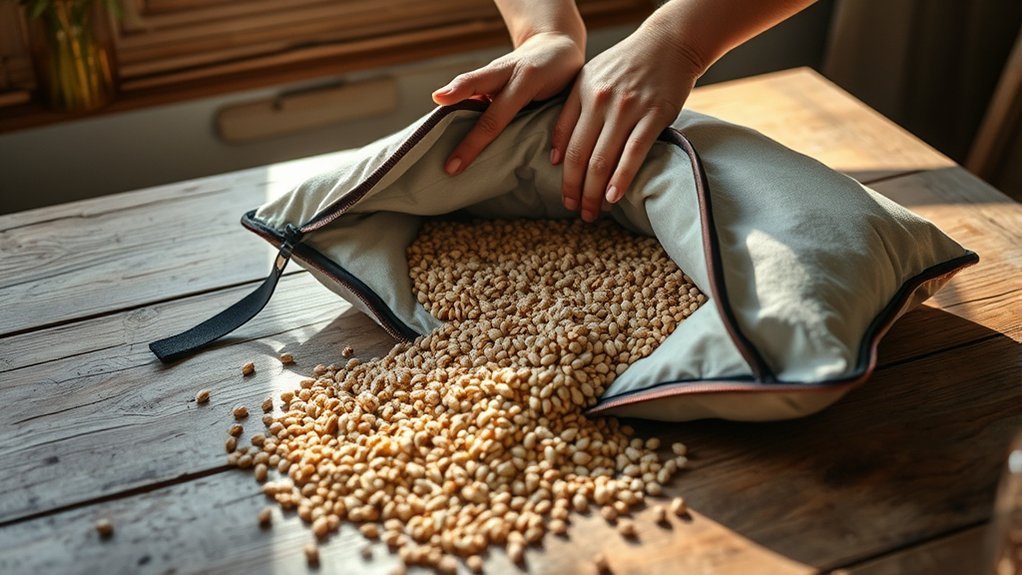 opening and refilling a buckwheat hull travel pillow