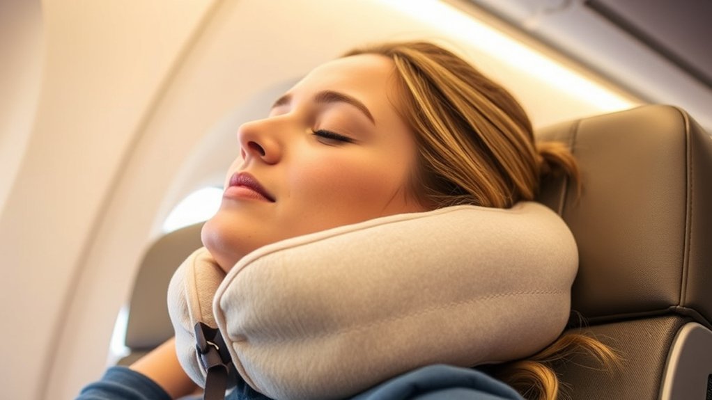 Traveler resting comfortably on a flight using an adjustable travel neck pillow with chin strap support