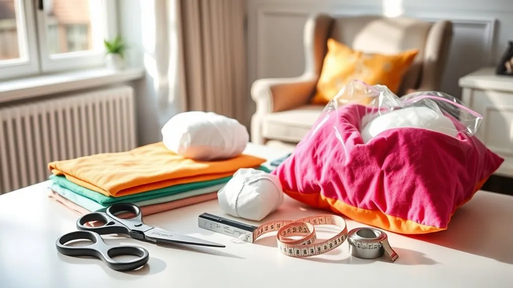 Fabric, scissors, pins, pattern, and stuffing for making a DIY travel pillow
