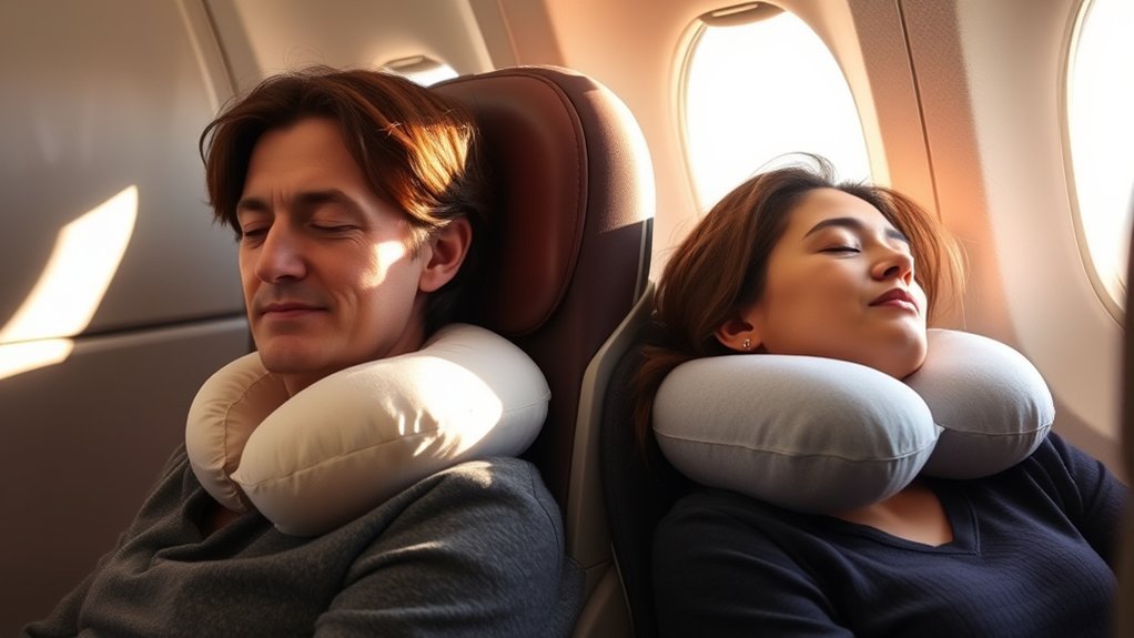 traveler using an ergonomic neck pillow for proper spine alignment on a flight