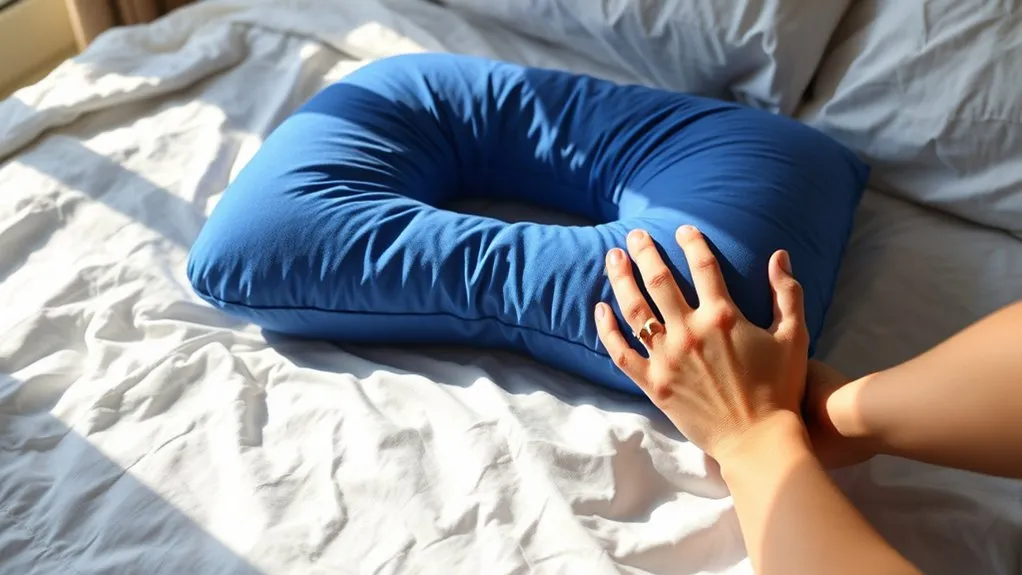 Travel Pillow Flattened How to Restore Its Shape Hands fluffing a U-shaped travel pillow to restore its shape