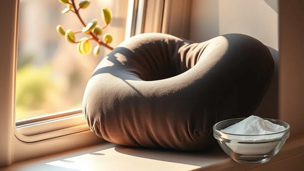 Memory foam travel pillow resting on a surface airing out to remove off-gassing odors