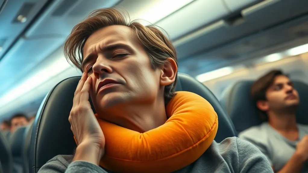 Traveler waking with neck discomfort while using a travel pillow