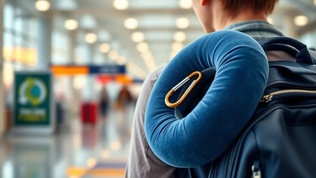 Travel neck pillow ready to attach to a backpack for a long trip