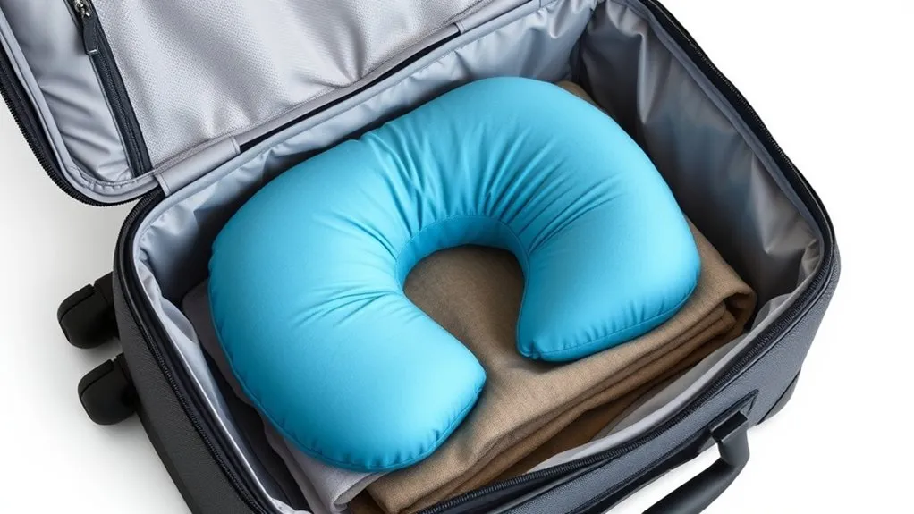 U-shaped travel pillow beside a carry-on bag for size comparison