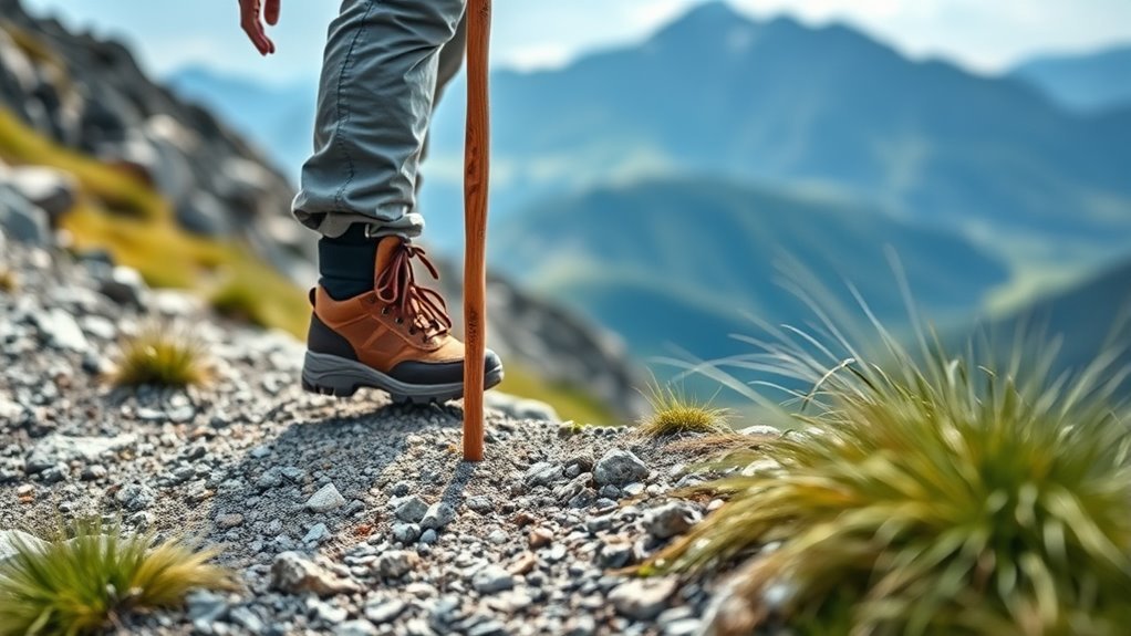 hiker adjusting adjustable walking staff length on a hillside trail