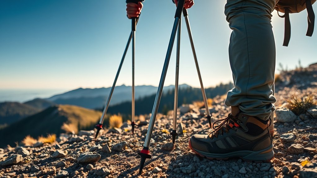Hiker adjusting trekking poles to the correct length before using them on trail