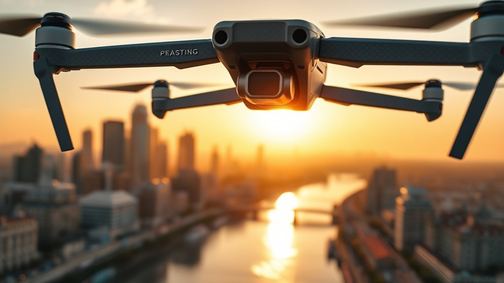 camera drone in flight showing 1-inch sensor and 3-axis gimbal for stable aerial photography
