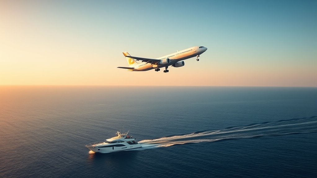 Commercial passenger airplane flying above open water