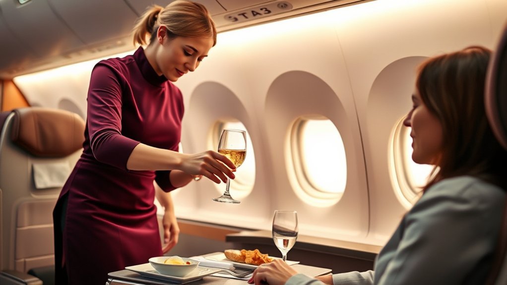 Qatar Airways passenger receiving an onboard beverage with a meal