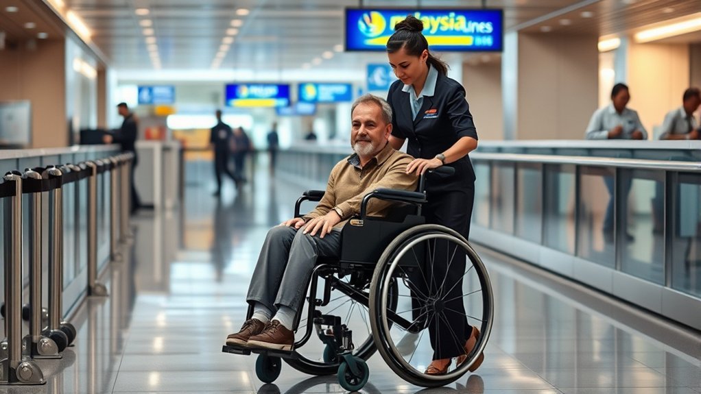 Malaysia Airlines staff assisting a passenger through the airport