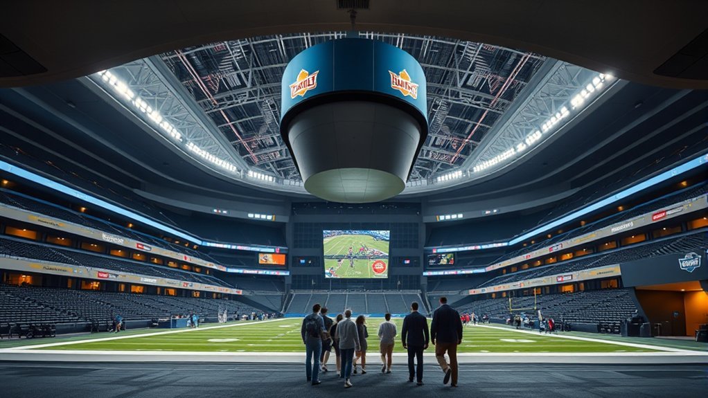 Behind The Scene Tours’ And Stadium Activation ...: Everything You Need to Know Interior view of SoFi Stadium showing the massive dual-sided 4K Samsung Infinity Screen hanging over the football field