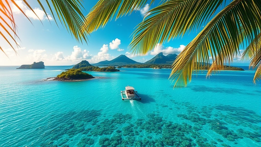 Catamaran boat sailing across tranquil turquoise lagoon in French Polynesia