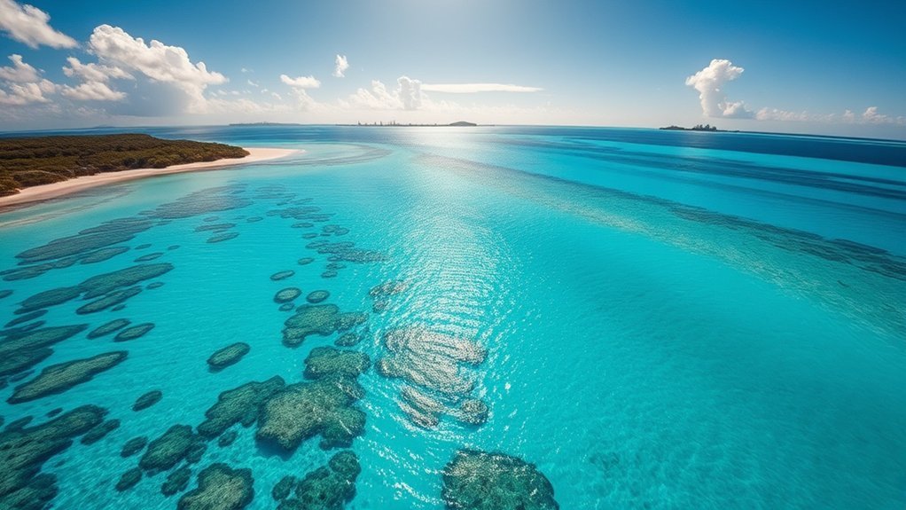 Clear Bahamian coastal water where biological activity can influence ocean color
