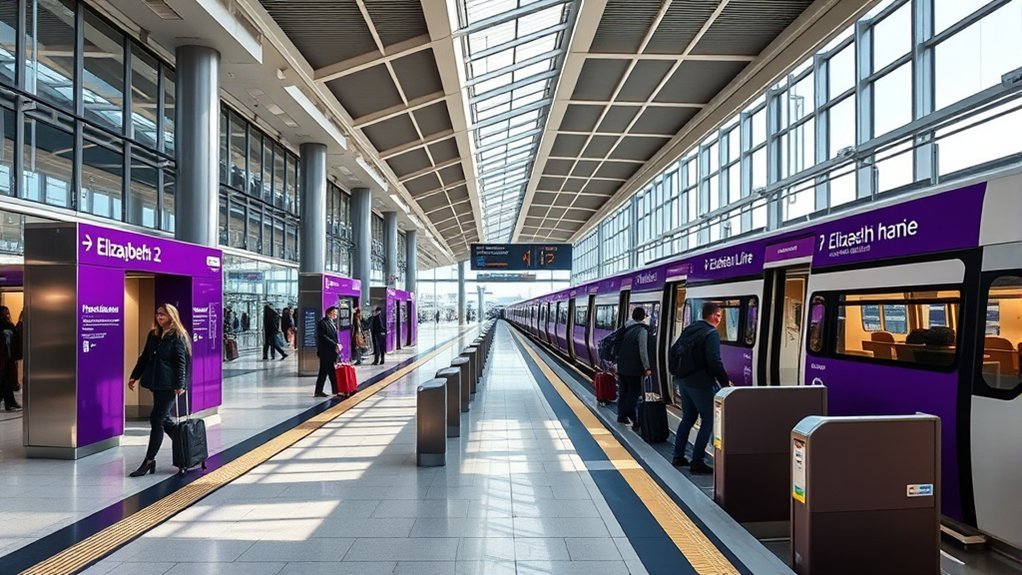 Signs and boarding directions for Elizabeth line trains at Heathrow Airport
