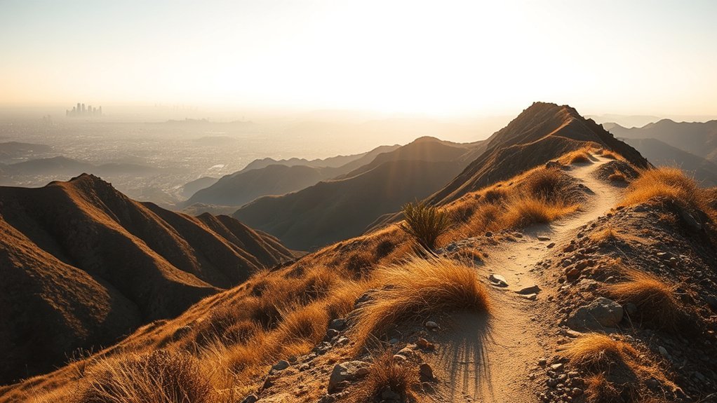 Panoramic view of the Los Angeles skyline and Hollywood Hills from Runyon Canyon Inspiration Point