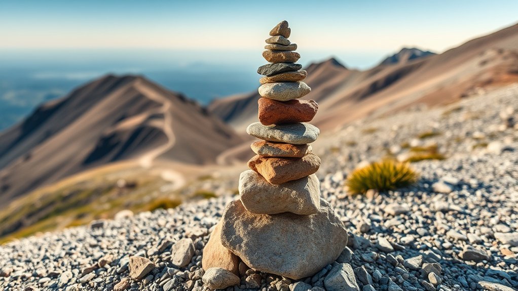 Stone cairns marking a route through rocky wilderness terrain