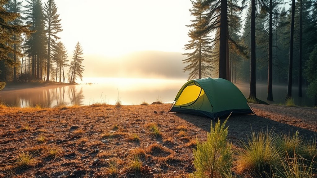 tent pitched about 200 feet from a lake to protect the shoreline