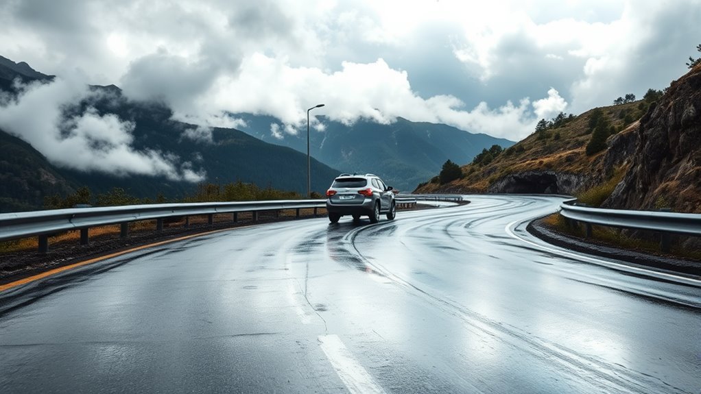 car driving cautiously on a wet New York road