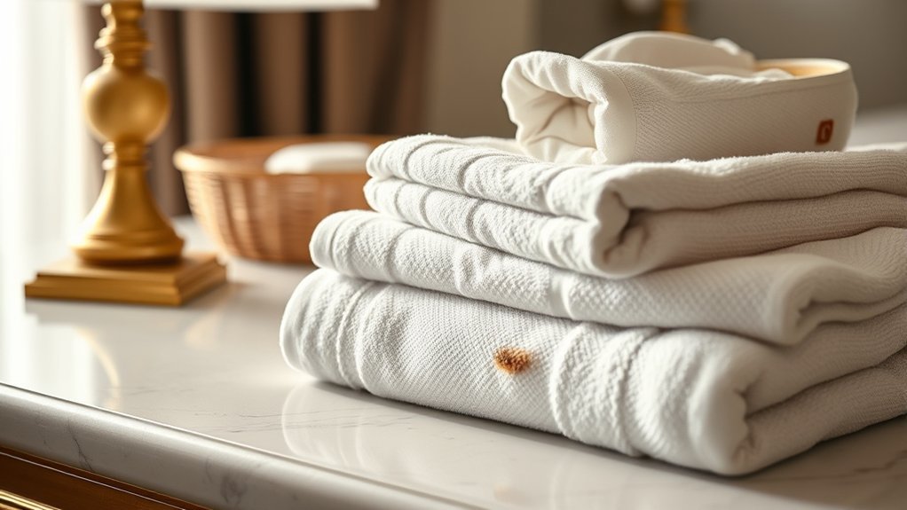 Stacked white luxury hotel towels arranged on a bathroom rack